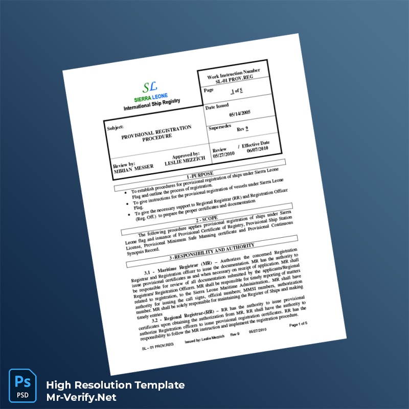 Editable Sierra Leone International Ship Registry Provisional Registration Certificate Word and Pdf Template 5 page Editable Sierra Leone International Ship Registry Provisional Registration Certificate Word and Pdf Template 5 page