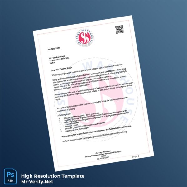 Editable Singapore Joo Seng Warehouse Employment Verification Letter Word and Pdf Template 7 page