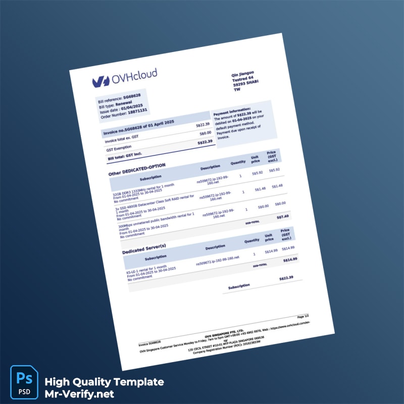 Singapore OVH Singapore Pte Ltd Invoice Template in Word and PDF formats 2 page Singapore OVH Singapore Pte Ltd Invoice Template in Word and PDF formats 2 page