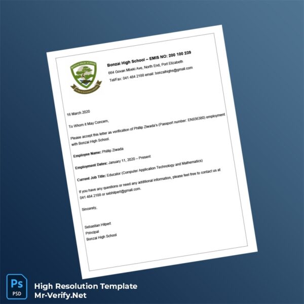 Editable South Africa Bonzai High School Employment Verification Letter Word and Pdf Template Editable South Africa Bonzai High School Employment Verification Letter Word and Pdf Template