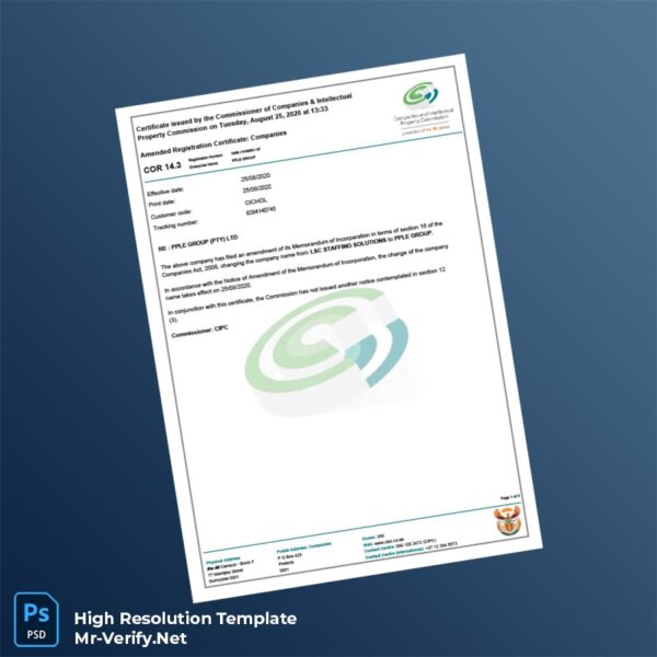 Editable South Africa CIPC Registration Certificate Word and Pdf Template 7 page