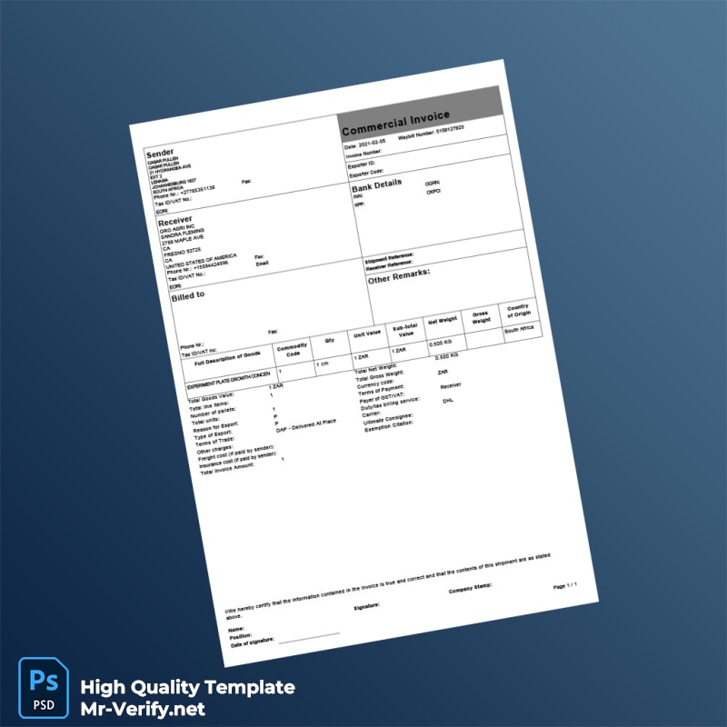 South Africa Commercial Invoice Template in Word and PDF formats South Africa Commercial Invoice Template in Word and PDF formats