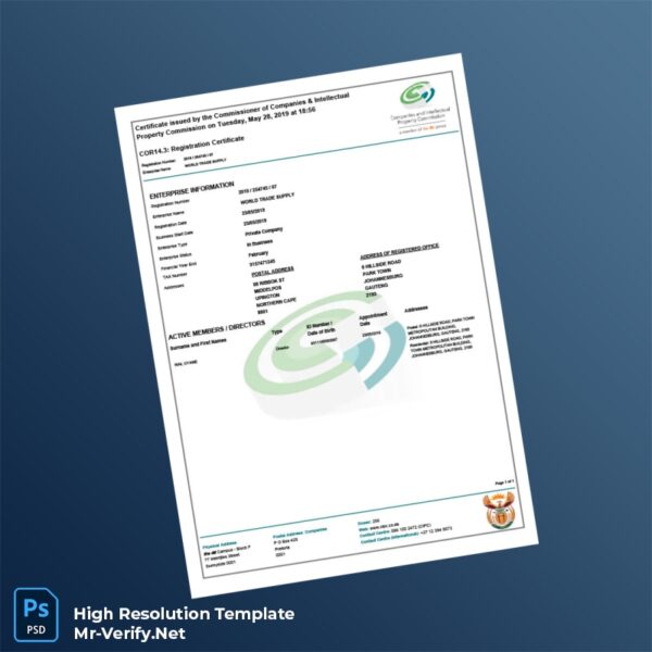 Editable South Africa Commissioner of Companies Business Registration Certificate Word and Pdf Template Editable South Africa Commissioner of Companies Business Registration Certificate Word and Pdf Template