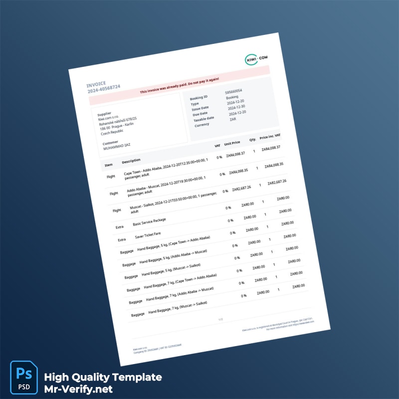 South Africa Kiwi com Invoice Template in Word and PDF formats 2 page South Africa Kiwi com Invoice Template in Word and PDF formats 2 page