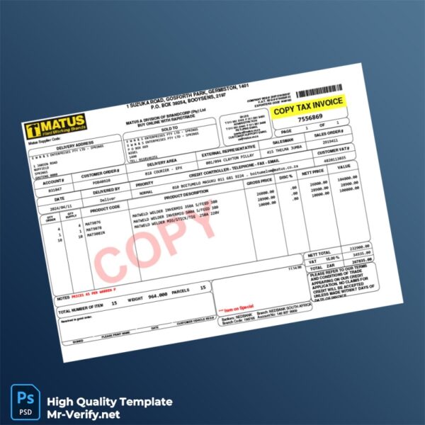 South Africa Matus Tax Invoice Template in Word and PDF formats