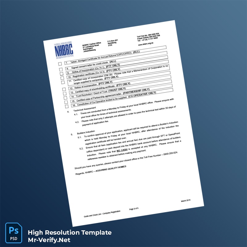 Editable South Africa National Home Builders Registration Council Company Registration Guide and Check List Template in Word and PDF form 3 page Editable South Africa National Home Builders Registration Council Company Registration Guide and Check List Template in Word and PDF form 3 page