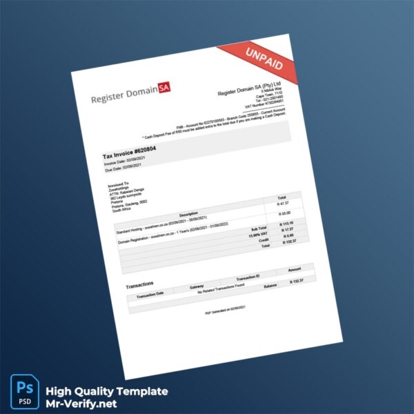 South Africa Register Domain SA Pty Ltd Tax Invoice Template in Word and PDF formats South Africa Register Domain SA Pty Ltd Tax Invoice Template in Word and PDF formats
