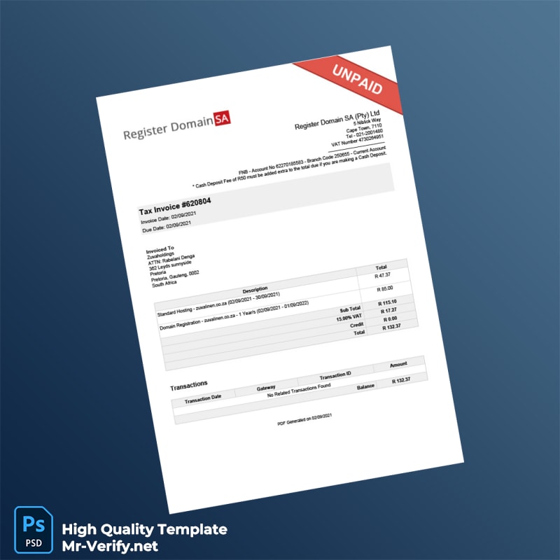 South Africa Register Domain SA Pty Ltd Tax Invoice Template in Word and PDF formats South Africa Register Domain SA Pty Ltd Tax Invoice Template in Word and PDF formats