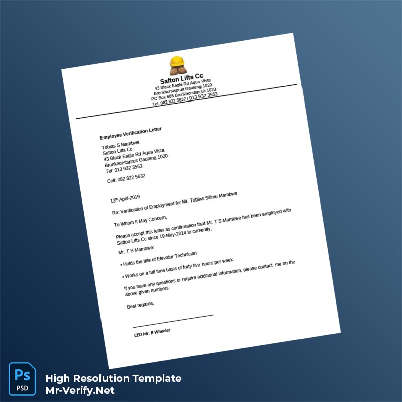 Editable South Africa Safton Lifts Cc Employment Verification Letter Word and Pdf Template Editable South Africa Safton Lifts Cc Employment Verification Letter Word and Pdf Template