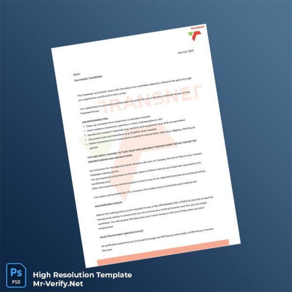 Editable South Africa Transnet Employment Verification Letter Word and Pdf Template 2 page