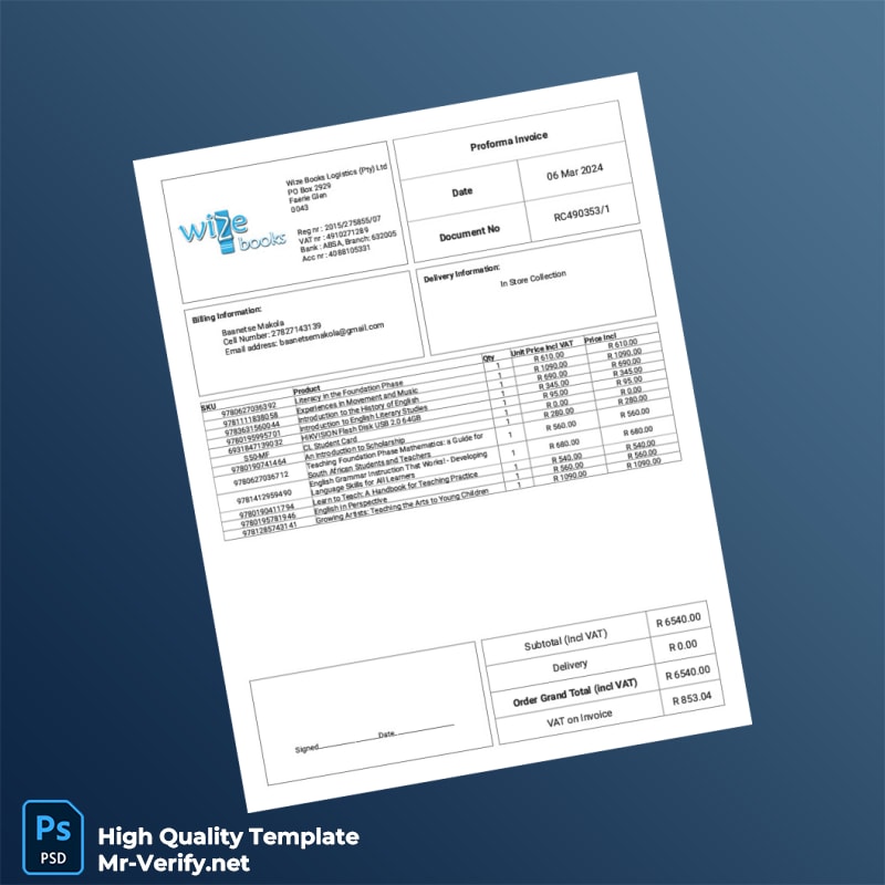 South Africa Wize Books Proforma Invoice Template in Word and PDF formats South Africa Wize Books Proforma Invoice Template in Word and PDF formats