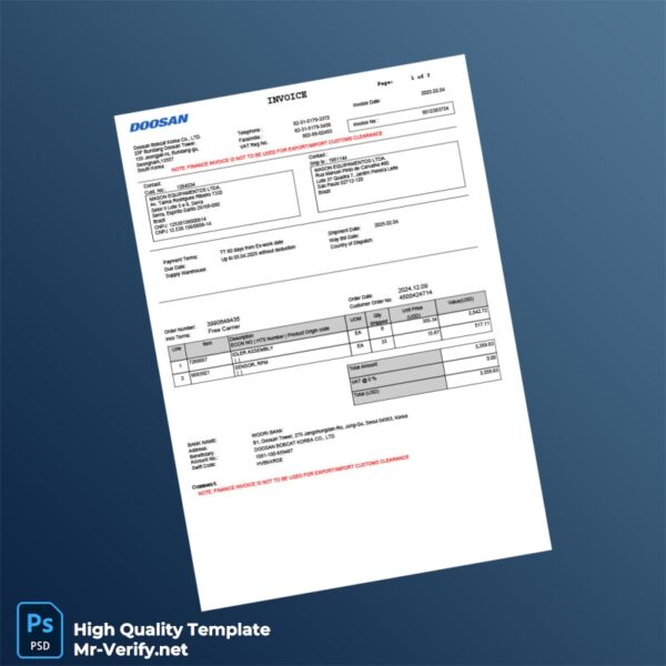 South Korea Doosan Invoice Template in Word and PDF formats 3 page South Korea Doosan Invoice Template in Word and PDF formats 3 page