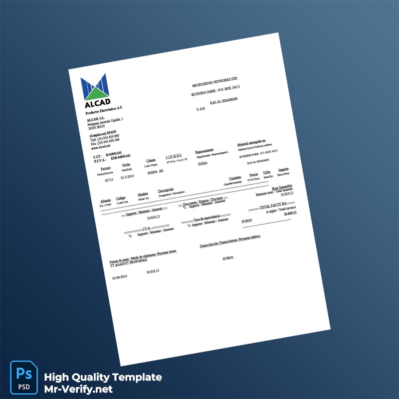 Spain Alcad S L Invoice Template in Word and PDF formats 2 page Spain Alcad S L Invoice Template in Word and PDF formats 2 page