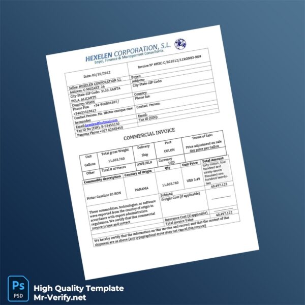 Spain Hexelen Corporation S L Commercial Invoice Template in Word and PDF formats 2 page