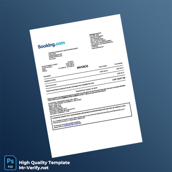 Sri Lanka Booking com Invoice Template in Word and PDF formats