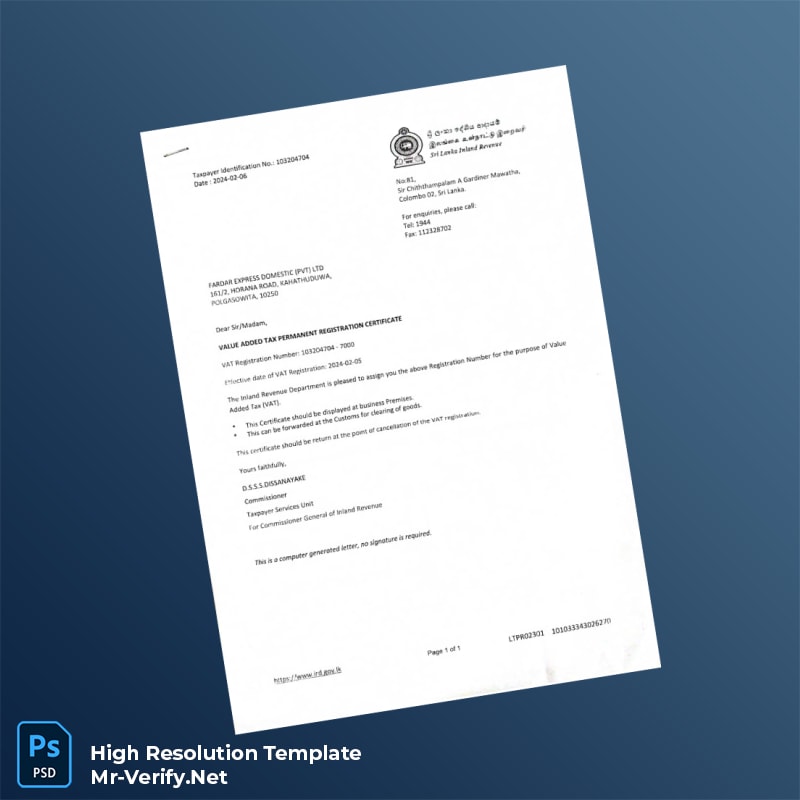 Editable Sri Lanka Inland Revenue Department VAT Registration Certificate Word and Pdf Template Editable Sri Lanka Inland Revenue Department VAT Registration Certificate Word and Pdf Template