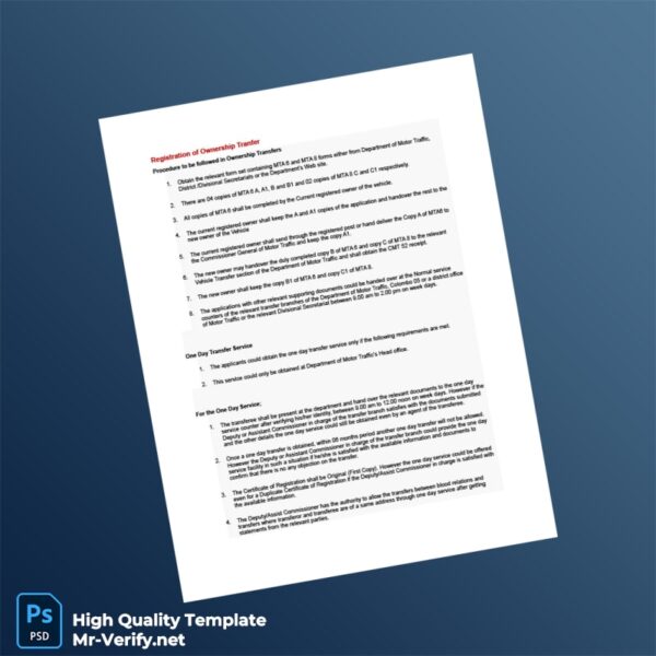 Sri Lanka Ministry of Transport Editable Vehicle Ownership Transfer Registration Template in Word and PDF formats 6 page