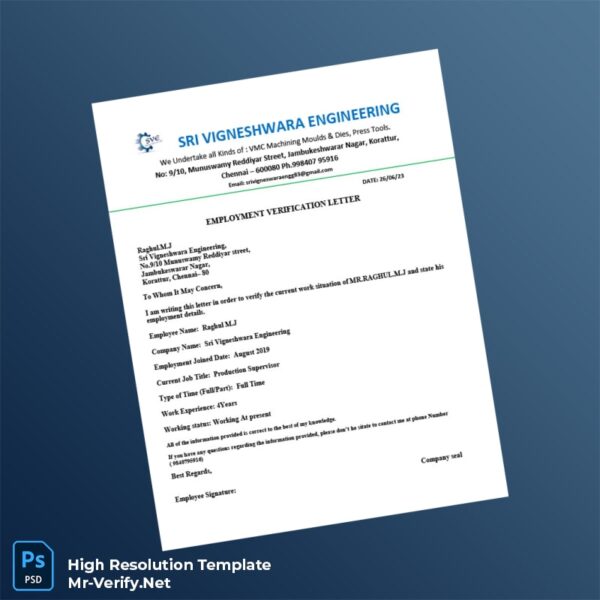 Editable Sri Vigneshwara Engineering Employment Verification Letter Word and Pdf Template