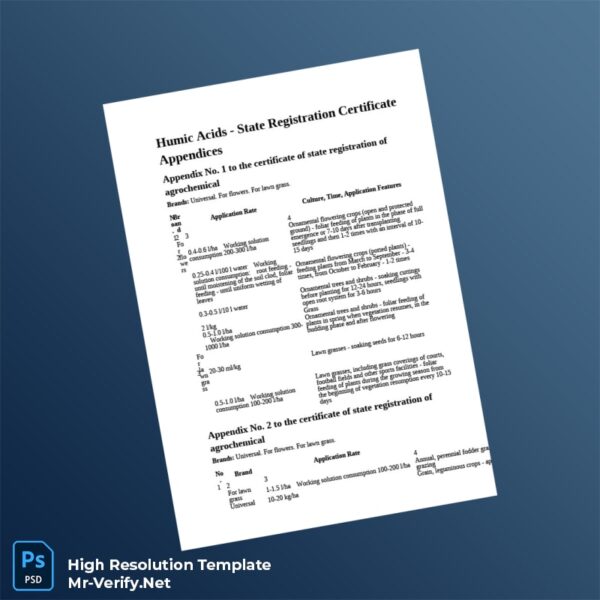 State Registration Certificate for Humic Acids Agrochemical in Word and PDF formats 4 page