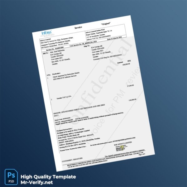 Sweden Infosys Limited Invoice Template in Word and PDF formats 3 page