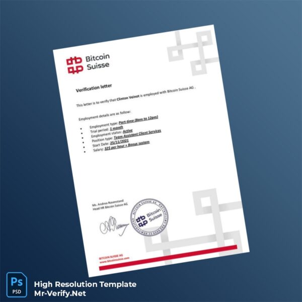 Editable Switzerland Bitcoin Suisse AG Employment Verification Letter Word and Pdf Template Editable Switzerland Bitcoin Suisse AG Employment Verification Letter Word and Pdf Template