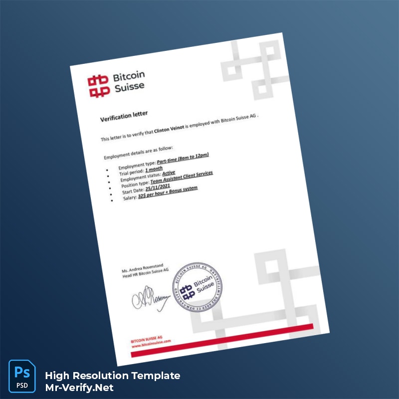 Editable Switzerland Bitcoin Suisse AG Employment Verification Letter Word and Pdf Template Editable Switzerland Bitcoin Suisse AG Employment Verification Letter Word and Pdf Template