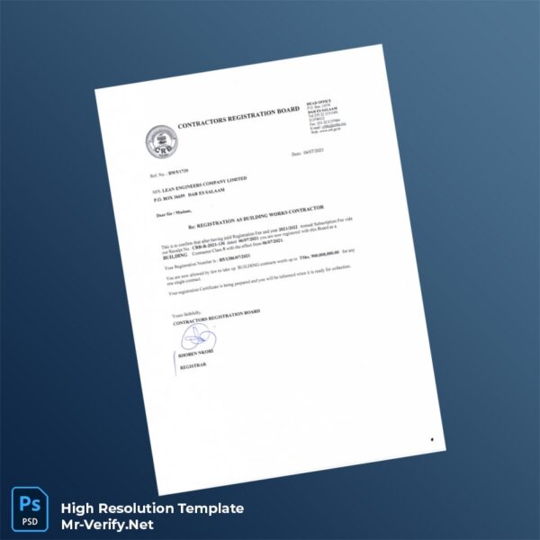Editable Tanzania Contractors Registration Board Business Registration Certificate Word and Pdf Template 3 page Editable Tanzania Contractors Registration Board Business Registration Certificate Word and Pdf Template 3 page