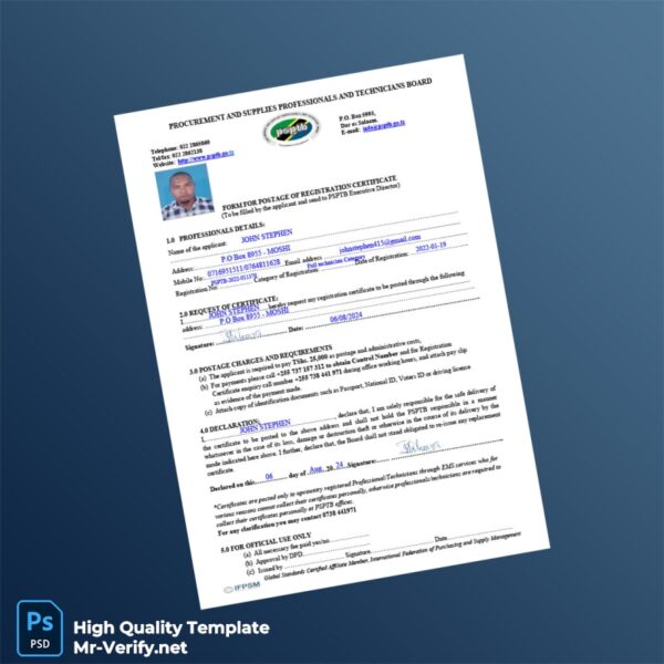 Tanzania NIDA Editable Registration Certificate Form Template in Word and PDF formats 3 page