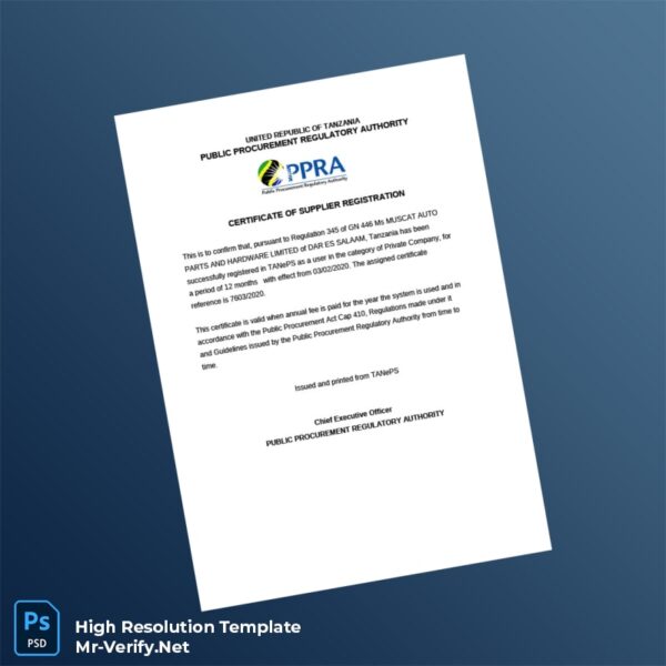 Tanzania Public Procurement Regulatory Authority Supplier Registration Certificate Word and Pdf Template Tanzania Public Procurement Regulatory Authority Supplier Registration Certificate Word and Pdf Template