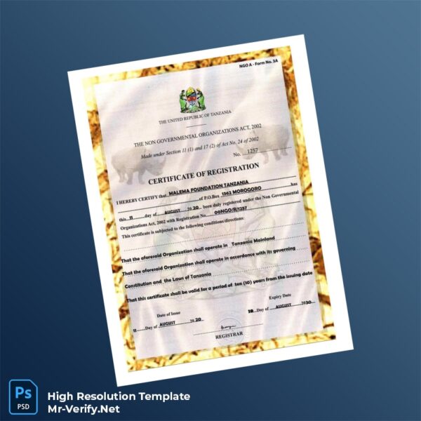 Editable Tanzania Registrar Certificate of Registration Word and Pdf Template Editable Tanzania Registrar Certificate of Registration Word and Pdf Template