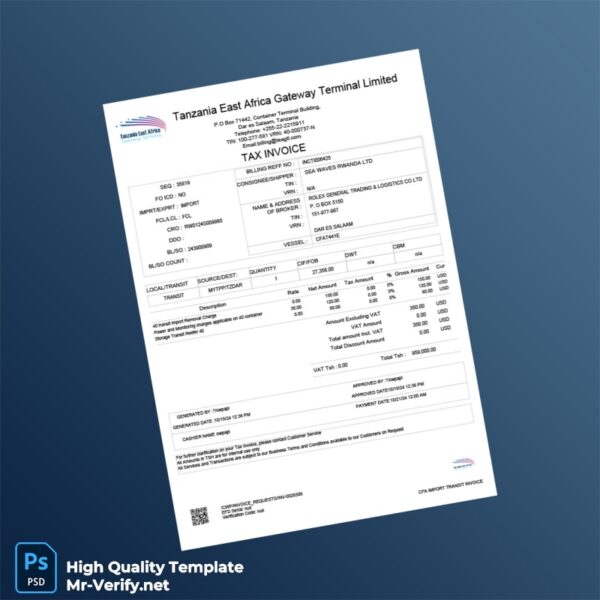 Tanzania Tanzania East Africa Gateway Terminal Limited Tax Invoice Template in Word and PDF formats Tanzania Tanzania East Africa Gateway Terminal Limited Tax Invoice Template in Word and PDF formats