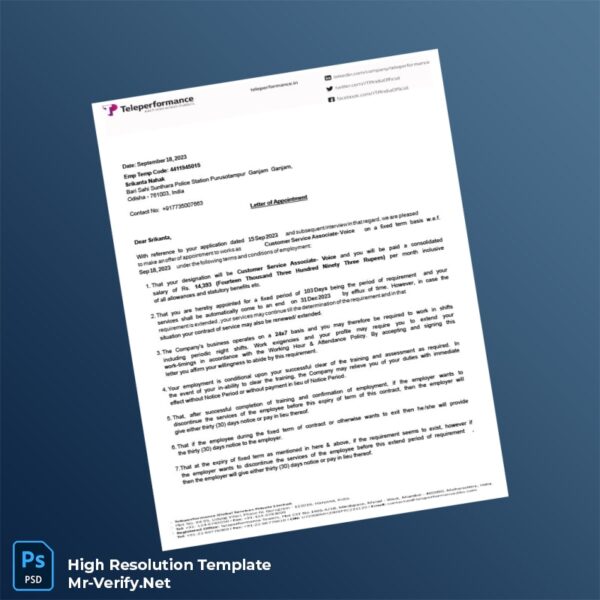Editable Teleperformance Employment Verification Letter Word and Pdf Template 6 page