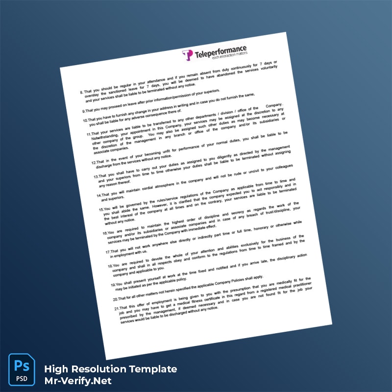 Editable Teleperformance Employment Verification Letter Word and Pdf Template 6 page Editable Teleperformance Employment Verification Letter Word and Pdf Template 6 page