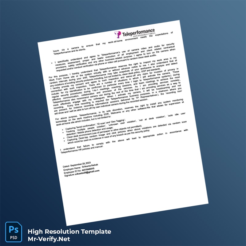 Editable Teleperformance Employment Verification Letter Word and Pdf Template 6 page Editable Teleperformance Employment Verification Letter Word and Pdf Template 6 page