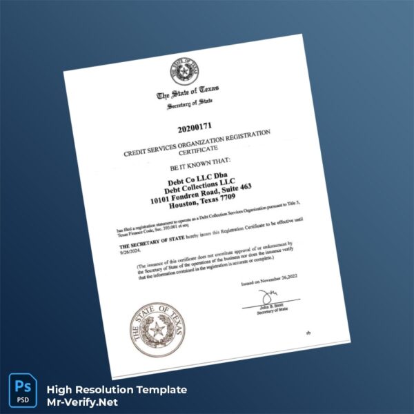 Editable Texas Secretary of State Business Registration Certificate Word and Pdf Template