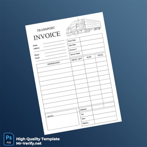 Transport Invoice Template in Word and PDF formats
