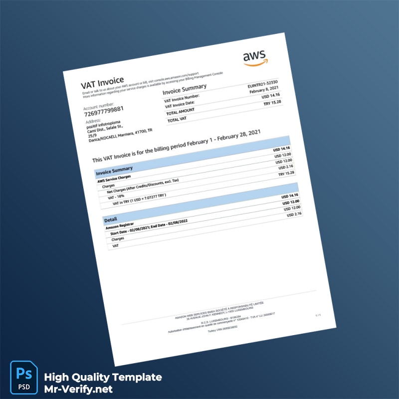 Turkey Amazon Web Services Invoice Template in Word and PDF formats Turkey Amazon Web Services Invoice Template in Word and PDF formats