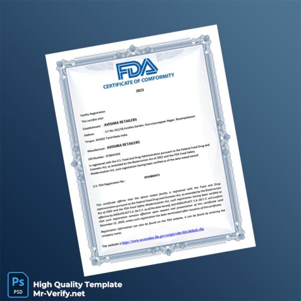U S FDA Registration Certificate Template in Word and PDF formats U S FDA Registration Certificate Template in Word and PDF formats