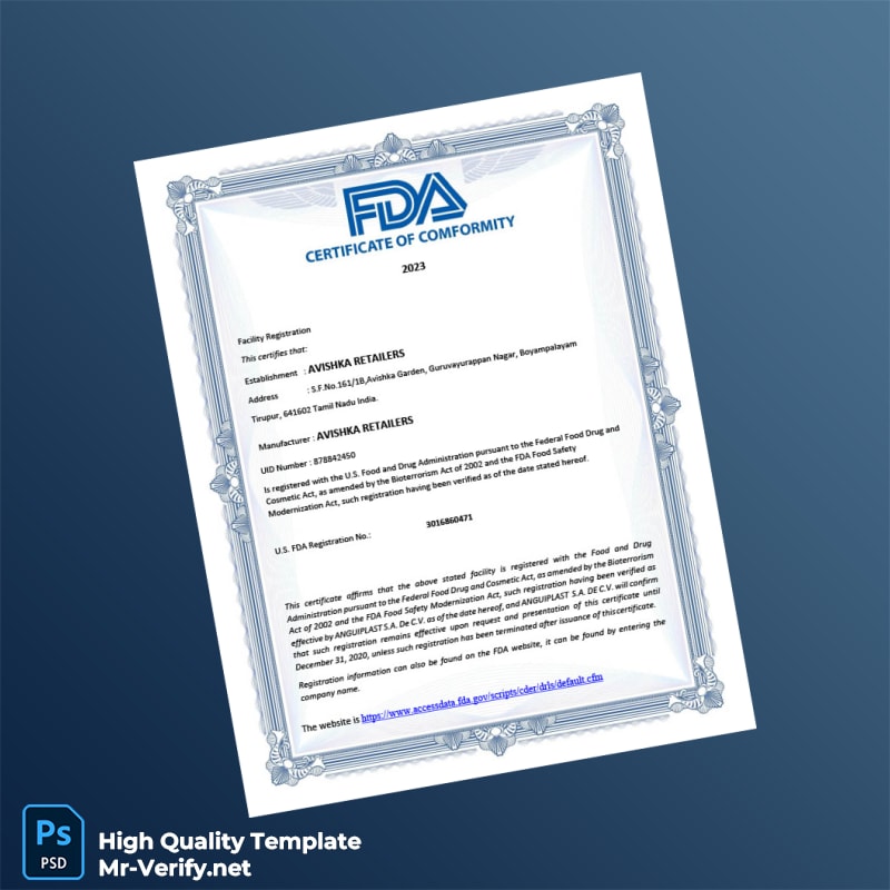 U S FDA Registration Certificate Template in Word and PDF formats U S FDA Registration Certificate Template in Word and PDF formats