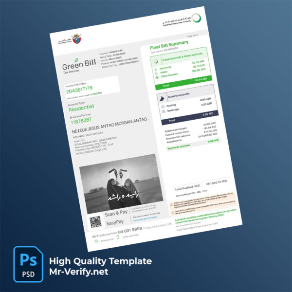 UAE Dubai Electricity & Water Authority Editable Electricity Bill Template in Word and PDF formats