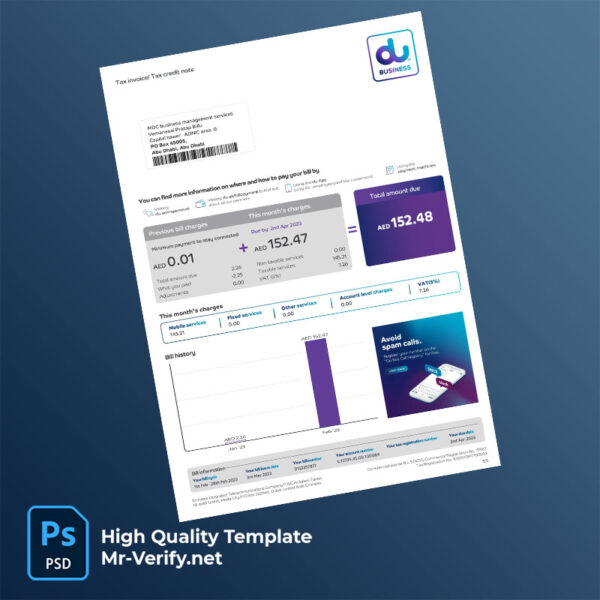 UAE Emirates Integrated Telecommunications Company PJSC Editable Mobile Bill Template in Word and PDF formats