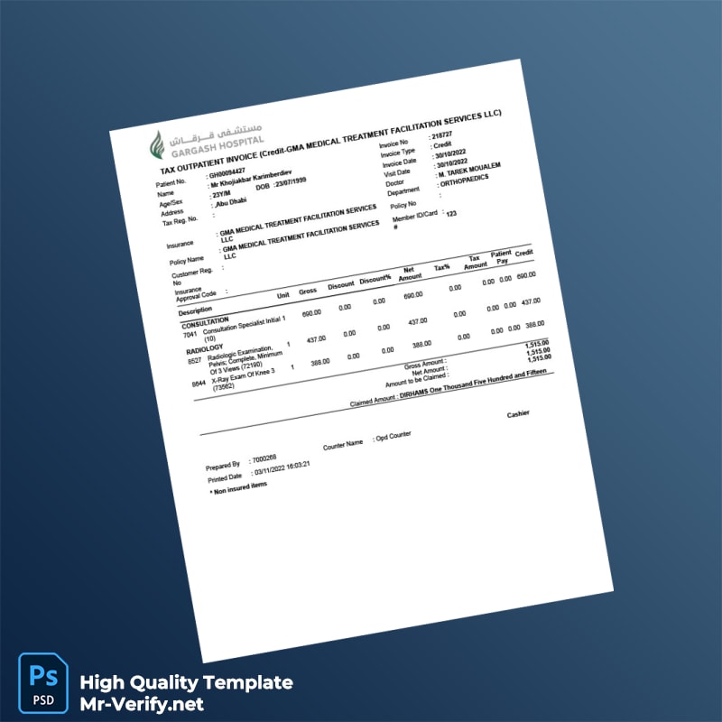UAE GMA Medical Treatment Facilitation Services LLC Invoice Template in Word and PDF formats UAE GMA Medical Treatment Facilitation Services LLC Invoice Template in Word and PDF formats