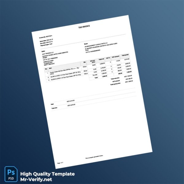 UAE Jaat Trading LLC Invoice Template in Word and PDF formats UAE Jaat Trading LLC Invoice Template in Word and PDF formats