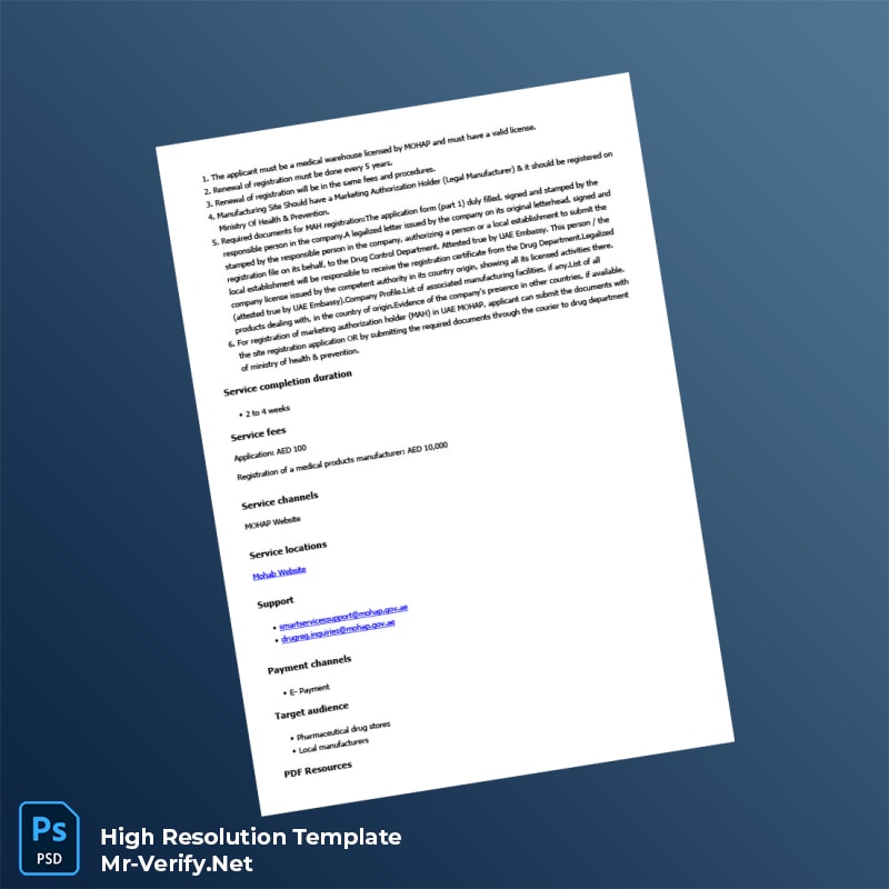 Editable UAE Ministry of Health and Prevention Business Registration Certificate Word and Pdf Template 3 page Editable UAE Ministry of Health and Prevention Business Registration Certificate Word and Pdf Template 3 page