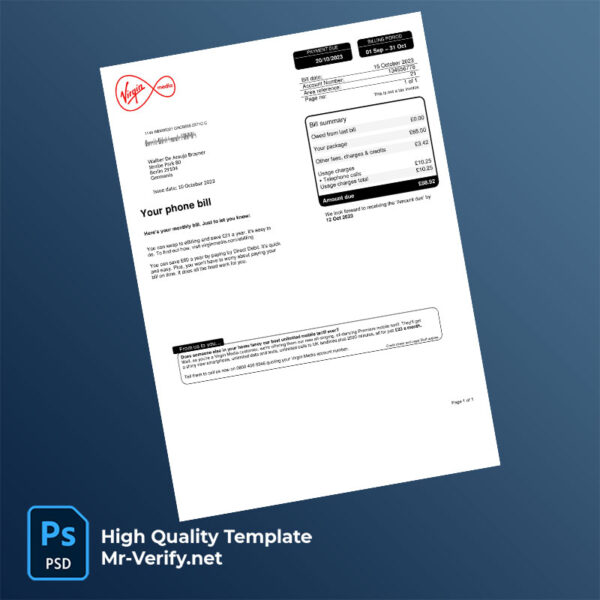 UK Virgin Media Editable Mobile Bill Template in Word and PDF formats