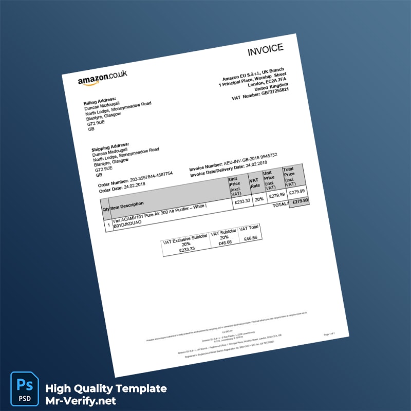 UK Amazon EU S à r l Invoice Template in Word and PDF formats UK Amazon EU S à r l Invoice Template in Word and PDF formats