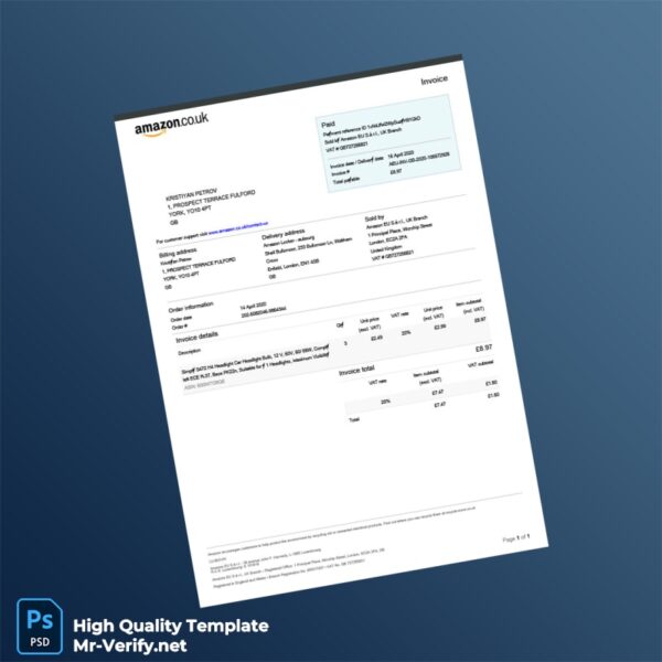 UK Amazon EU S à r l UK Branch Invoice Template in Word and PDF formats