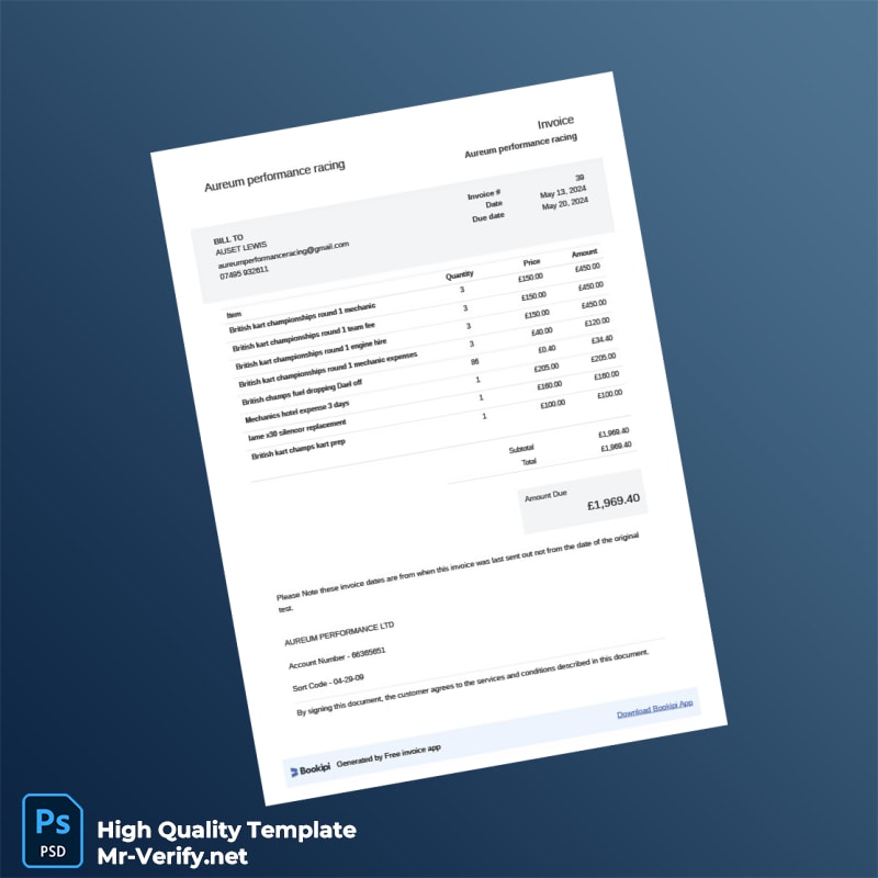 UK Aureum Performance Racing Invoice Template in Word and PDF formats 2 page UK Aureum Performance Racing Invoice Template in Word and PDF formats 2 page