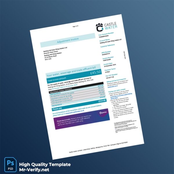 UK Castle Water Invoice Template in Word and PDF formats 4 page