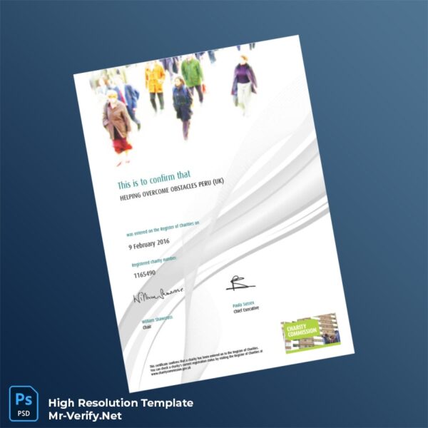 UK Charity Commission Registration Certificate Word and Pdf Template 2 page